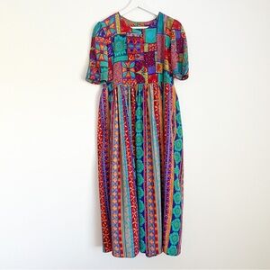 Vintage 90s Amara Midi Dress Floral Abstract Vibrant Rayon Silk Small Teal Red